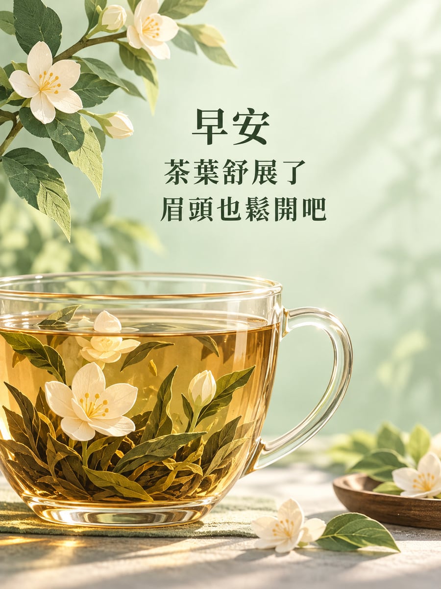 茶葉舒展了。透明茶杯中白色茉莉花與綠茶葉在金色茶湯裡展開；左上花枝與下方小花碟呼應，背景淡薄荷綠。 圖中文字：早安，茶葉舒展了，眉頭也鬆開吧