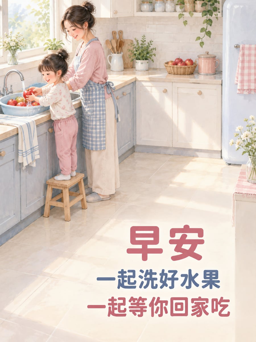 一起等你回家。媽媽陪穿長袖長褲的幼童站在穩固木矮凳上，在淺盆中清洗蘋果；明亮廚房有無字瓶罐與木湯匙，沒有刀具。 圖中文字：早安，一起洗好水果，一起等你回家吃