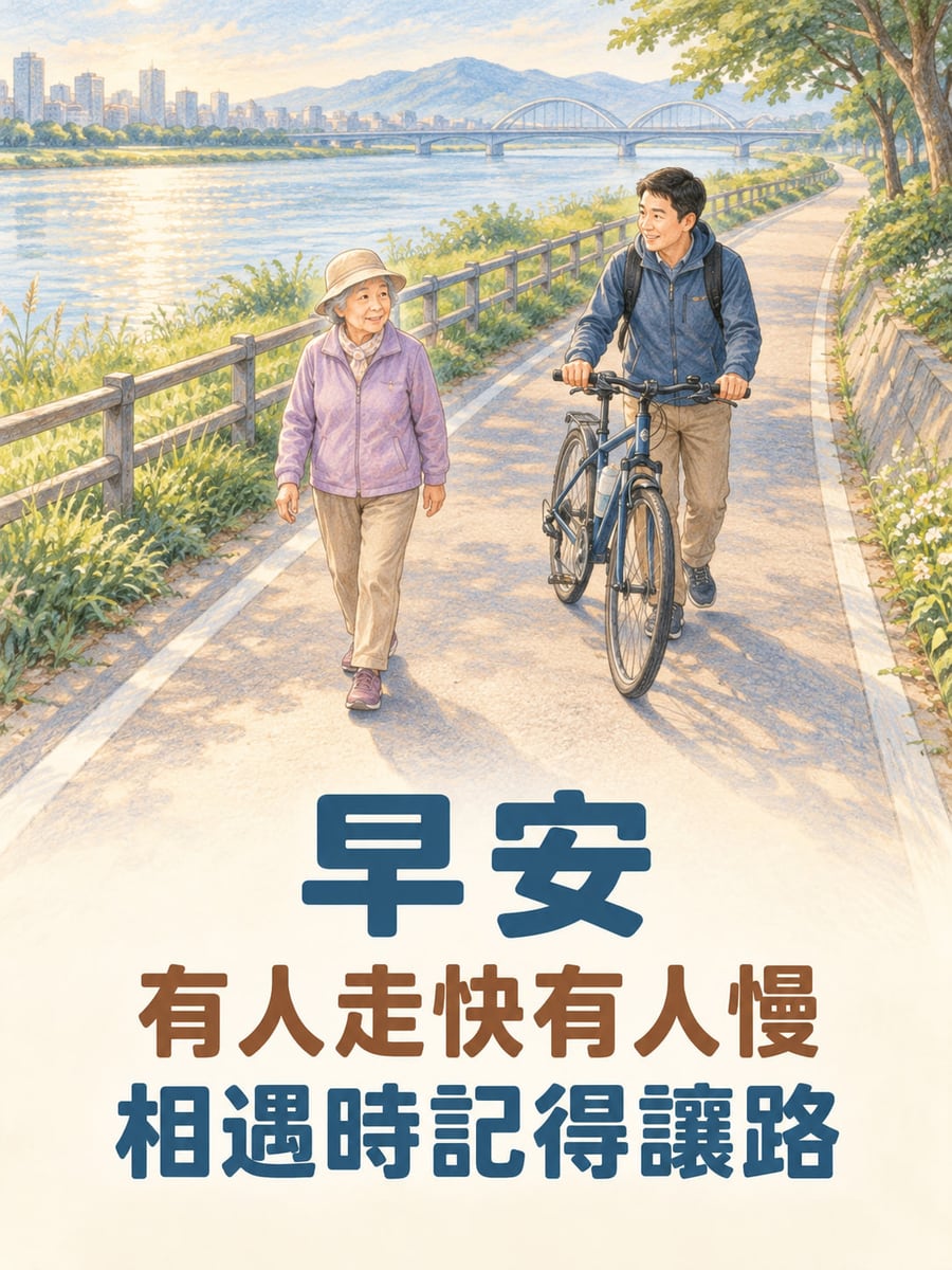相遇記得讓路。河濱步道上一名青年成人推著自行車，讓左前方散步長者先行；兩人微笑，遠處是河面、橋梁、城市與山。 圖中文字：早安，有人走快有人慢，相遇時記得讓路