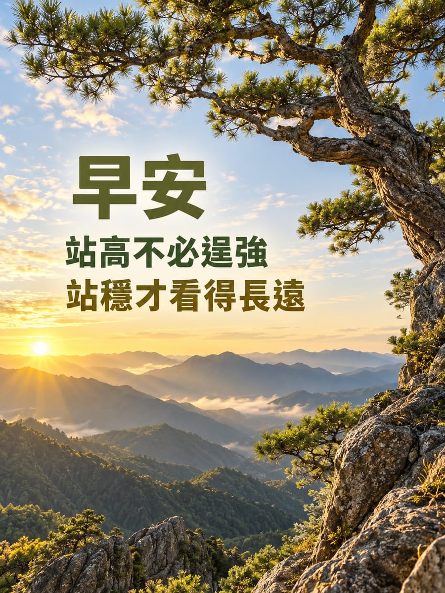站穩看長遠。老松從右側岩壁紮根伸出，粗枝橫跨上方，遠方多層山稜與雲霧在金色日出中展開。 圖中文字：早安，站高不必逞強，站穩才看得長遠