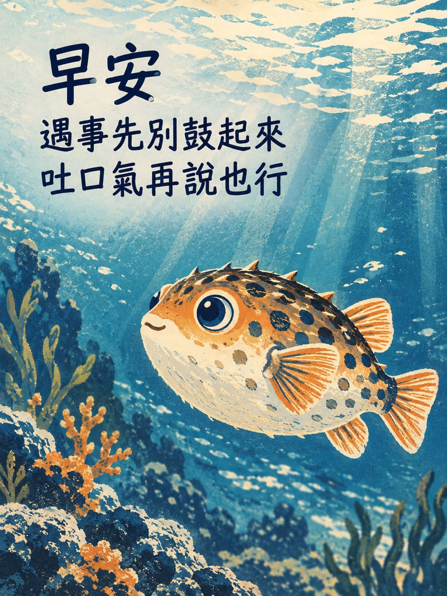 先吐口氣。一隻橘色帶深斑小河豚在藍綠海水中平靜游動，體形為自然橢圓而非鼓成球形；背景有海草與珊瑚。 圖中文字：早安，遇事先別鼓起來，吐口氣再說也行
