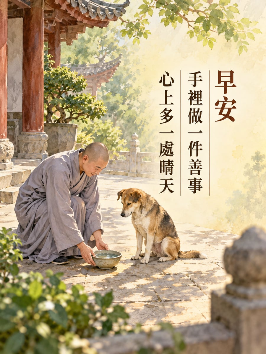 做一件善事。成年僧人穿灰袍蹲下，在寺院庭角放下裝水陶碗，一隻米克斯狗坐在旁邊安靜等候；石板、紅柱與樹葉環繞。 圖中文字：早安，手裡做一件善事，心上多一處晴天