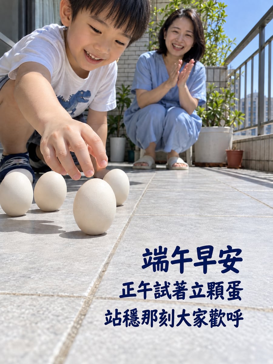 正午立蛋。圖中文字：端午早安，正午試著立顆蛋，站穩那刻大家歡呼