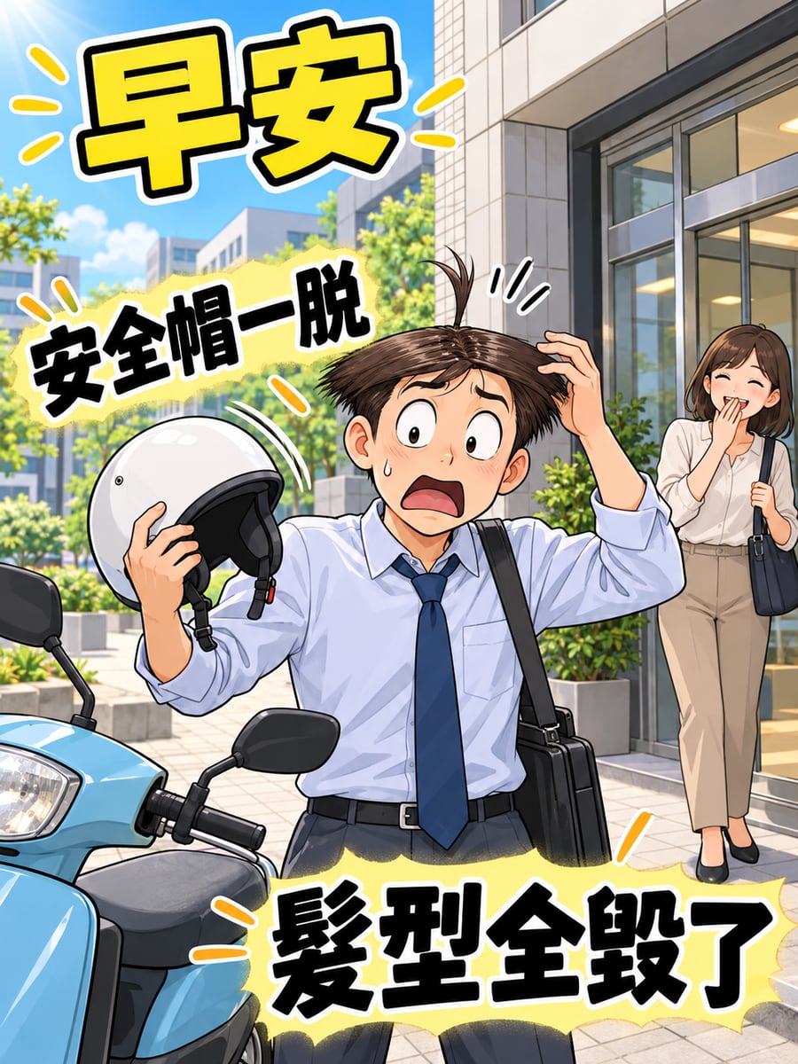 安全帽壓扁髮型。圖中文字：早安，安全帽一脫，髮型全毀了