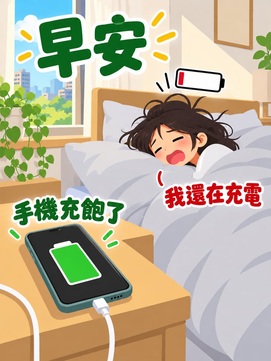 手機充飽了。圖中文字：早安，手機充飽了，我還在充電