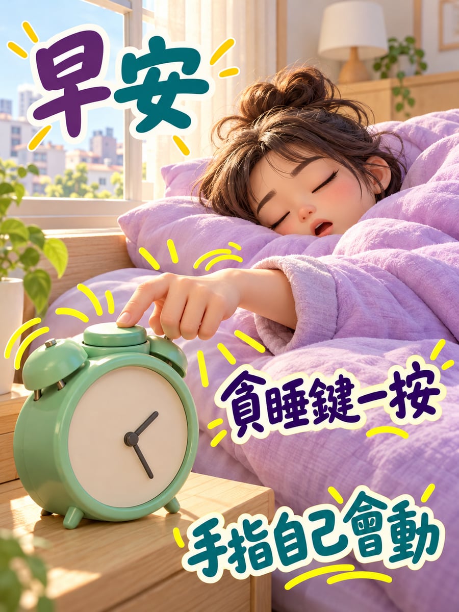 貪睡鍵。圖中文字：早安，貪睡鍵一按，手指自己會動
