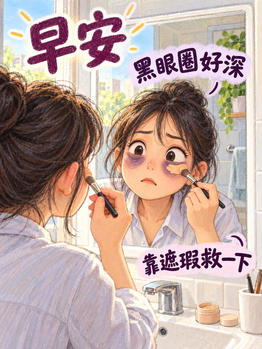 黑眼圈。圖中文字：早安，黑眼圈好深，靠遮瑕救一下