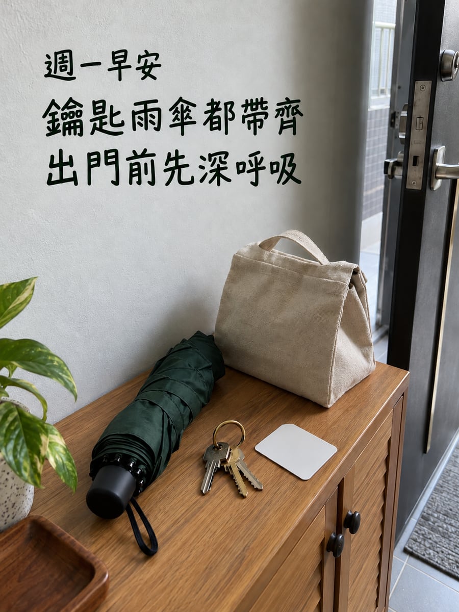 玄關出門備品。圖中文字：週一早安，鑰匙雨傘都帶齊，出門前先深呼吸