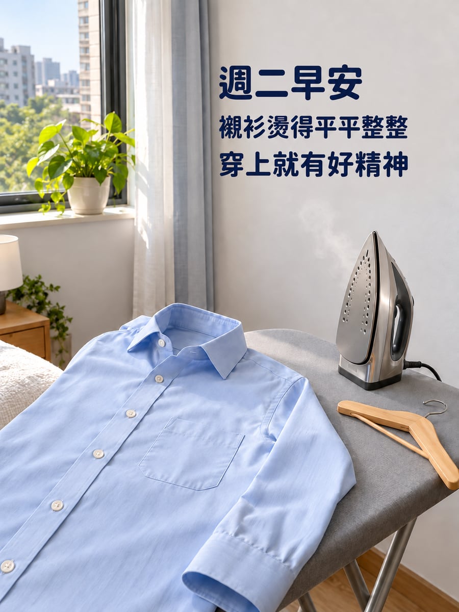 燙好的襯衫。圖中文字：週二早安，襯衫燙得平平整整，穿上就有好精神