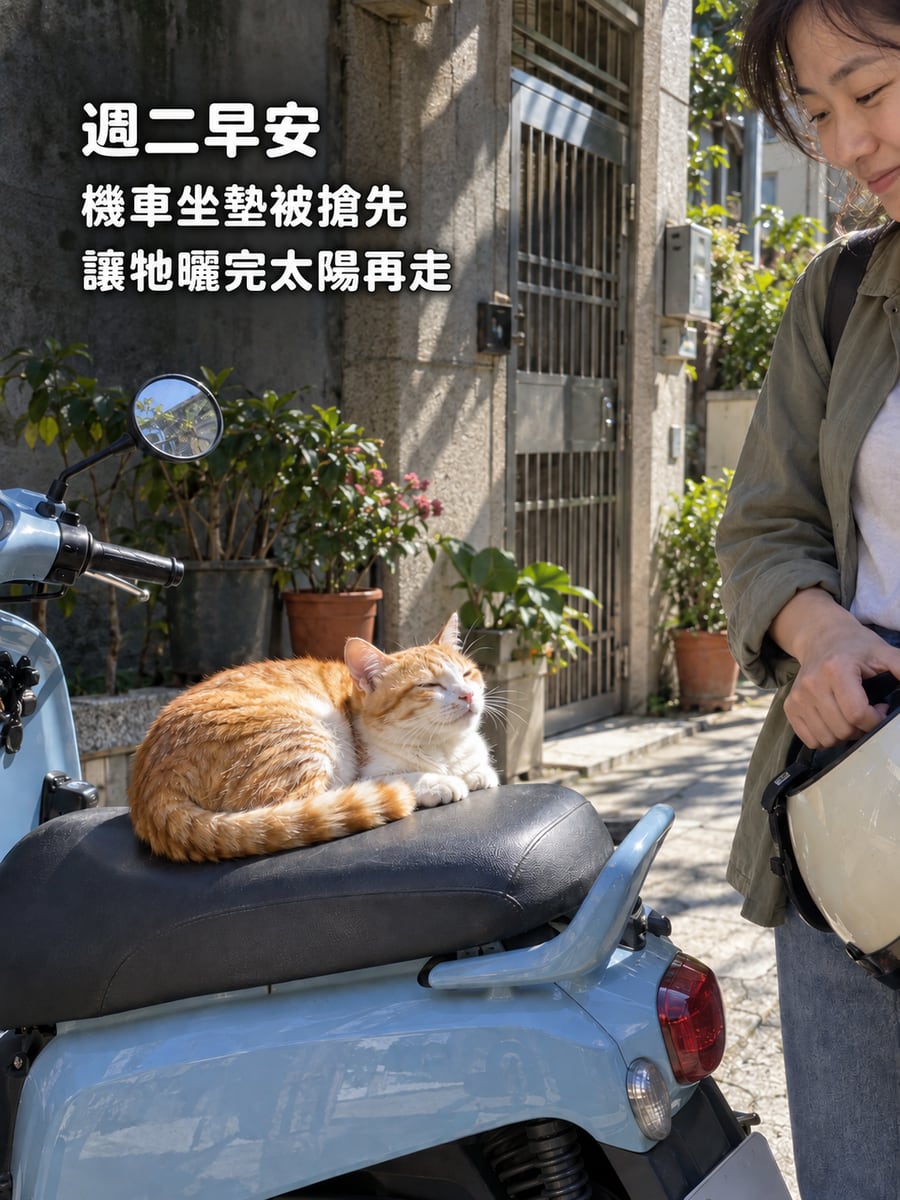 被搶走的機車坐墊。圖中文字：週二早安，機車坐墊被搶先，讓牠曬完太陽再走