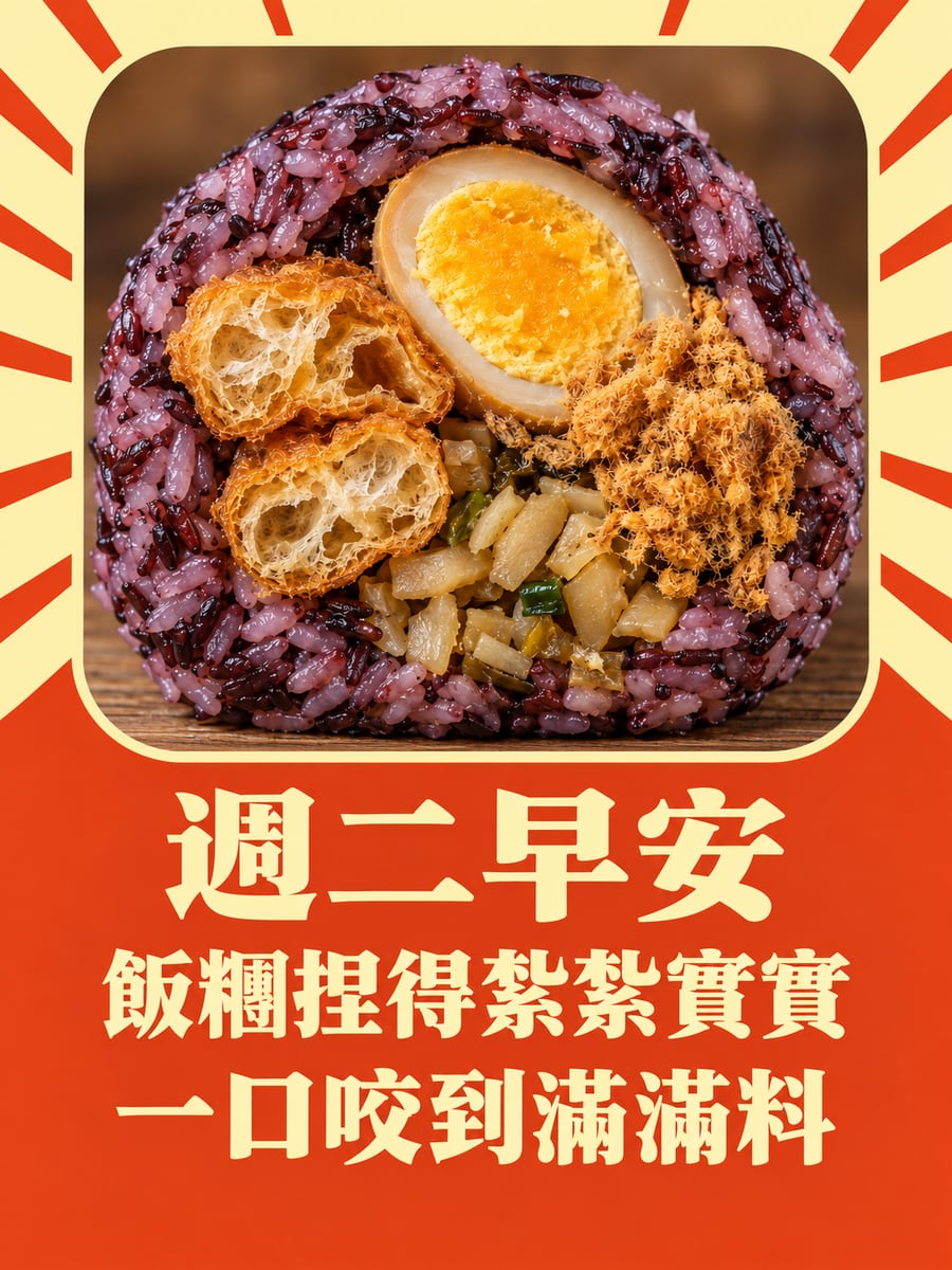 飯糰剖面。圖中文字：週二早安，飯糰捏得紮紮實實，一口咬到滿滿料