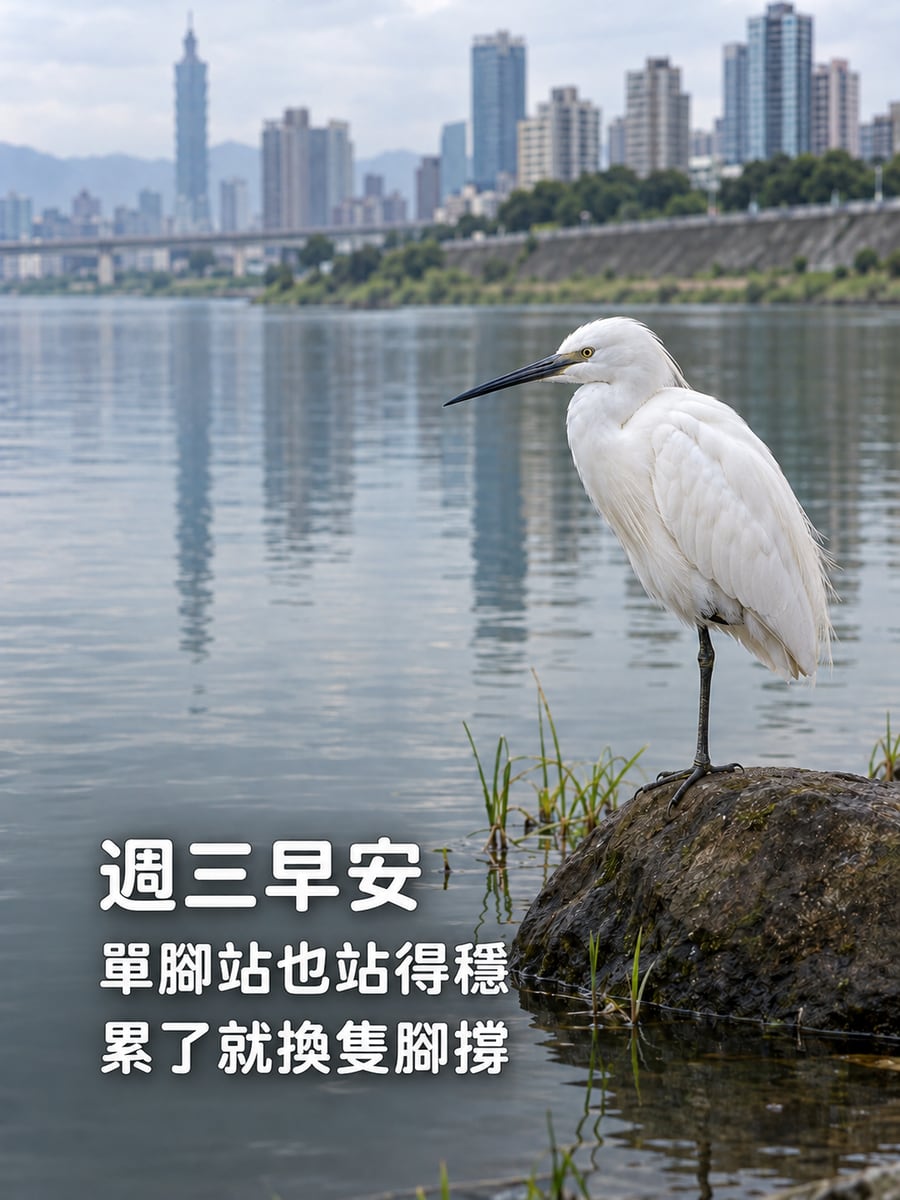 單腳白鷺鷥。圖中文字：週三早安，單腳站也站得穩，累了就換隻腳撐