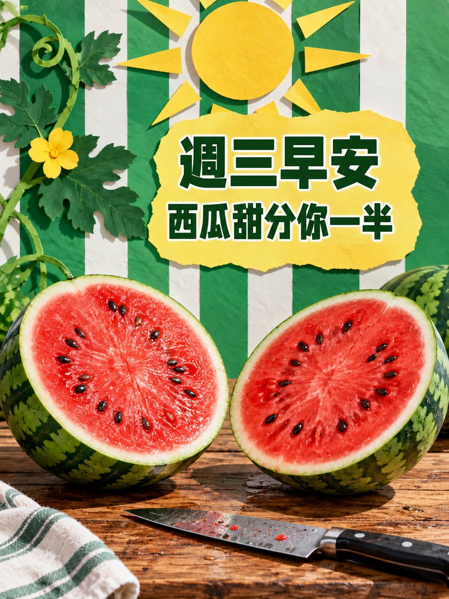 西瓜對半。圖中文字：週三早安，西瓜甜分你一半