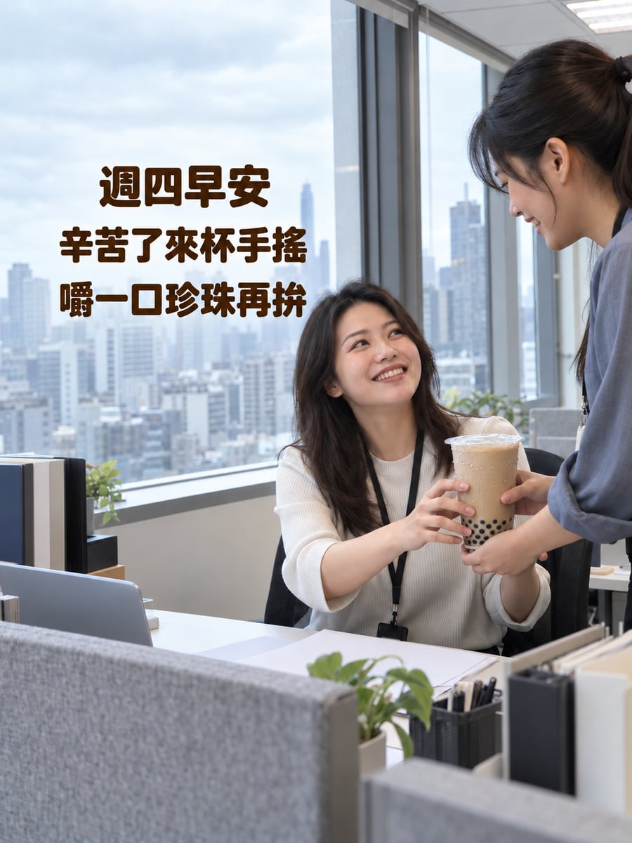 同事送來手搖飲。圖中文字：週四早安，辛苦了來杯手搖，嚼一口珍珠再拚
