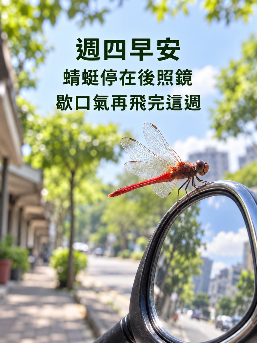 後照鏡上的蜻蜓。圖中文字：週四早安，蜻蜓停在後照鏡，歇口氣再飛完這週