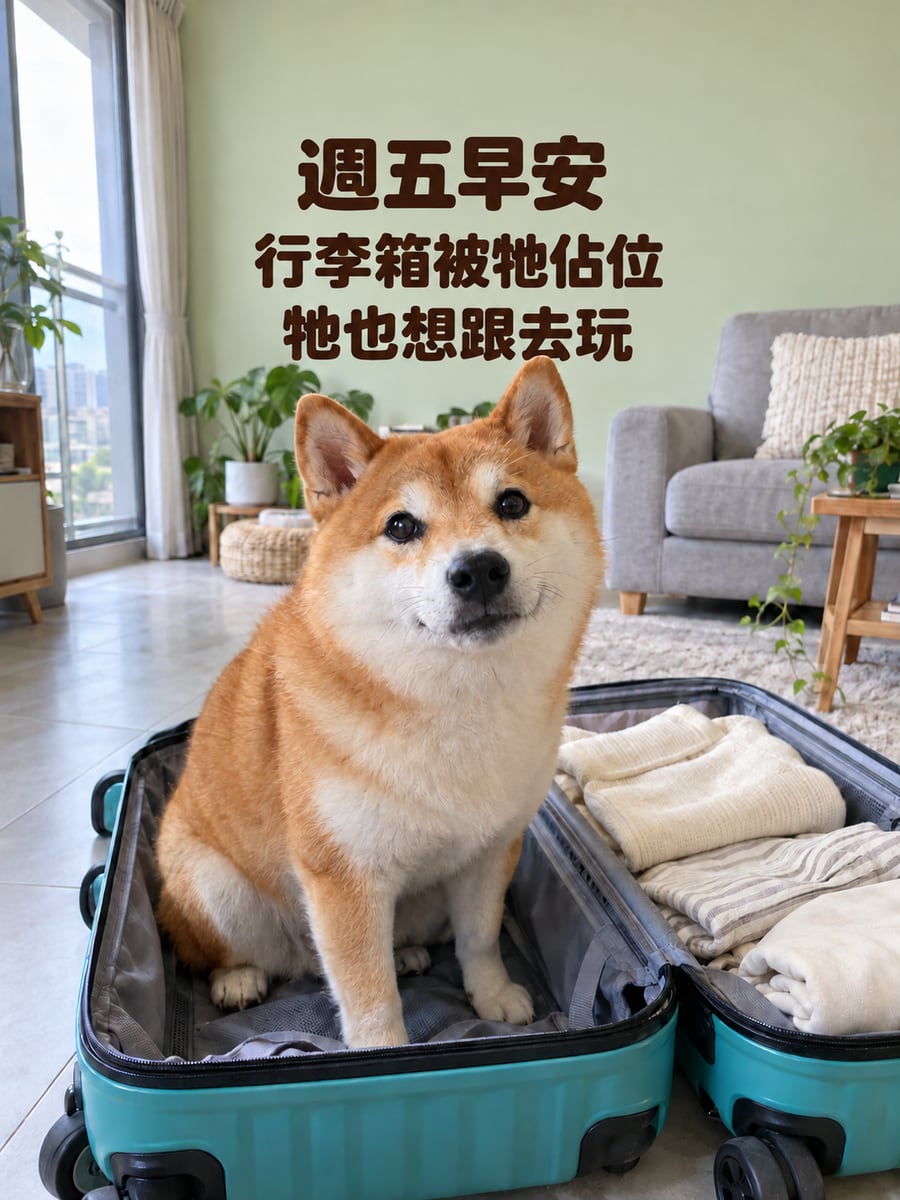 行李箱裡的狗。圖中文字：週五早安，行李箱被牠佔位，牠也想跟去玩