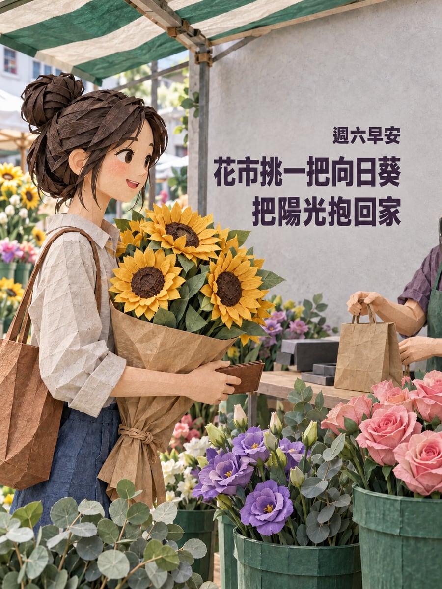 花市向日葵。圖中文字：週六早安，花市挑一把向日葵，把陽光抱回家