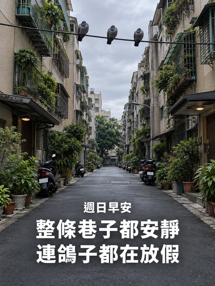 安靜的巷子。圖中文字：週日早安，整條巷子都安靜，連鴿子都在放假
