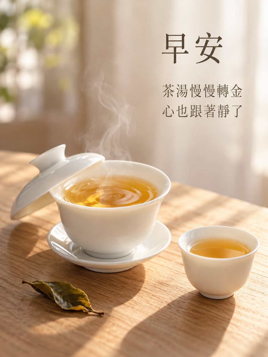 蓋碗裡的晨茶。圖中文字：早安，茶湯慢慢轉金，心也跟著靜了