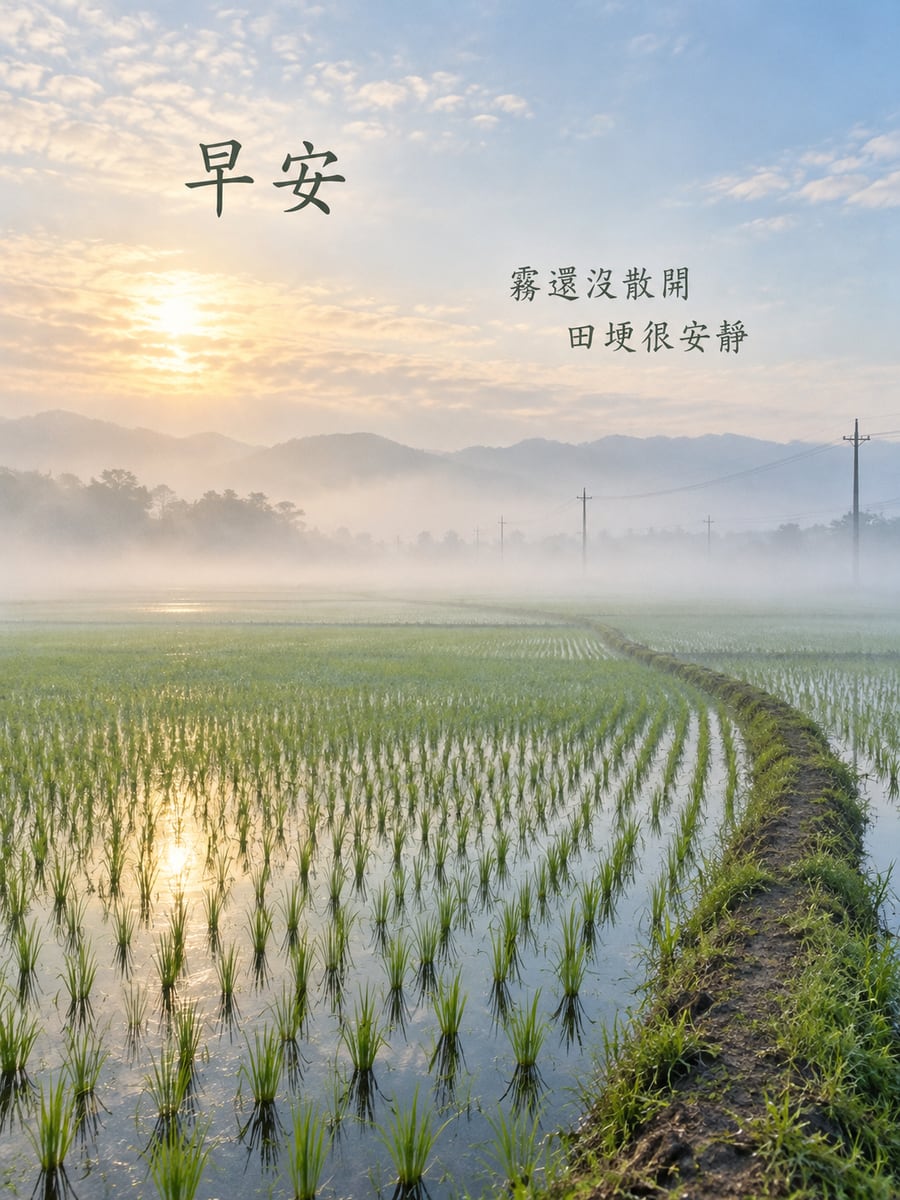 晨霧裡的稻田。圖中文字：早安，霧還沒散開，田埂很安靜