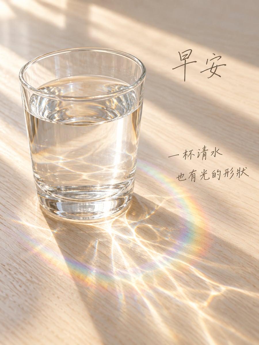 一杯清水的光。圖中文字：早安，一杯清水，也有光的形狀
