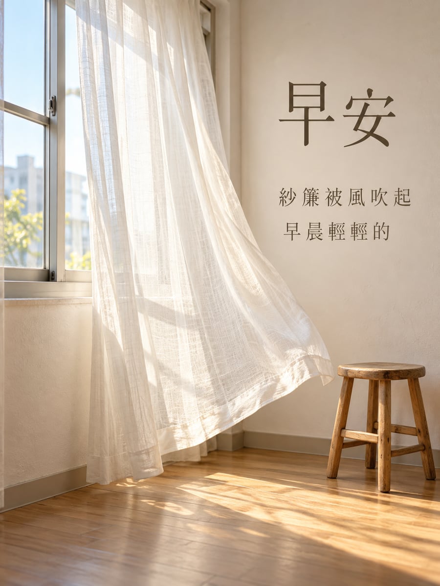 被風吹起的紗簾。圖中文字：早安，紗簾被風吹起，早晨輕輕的