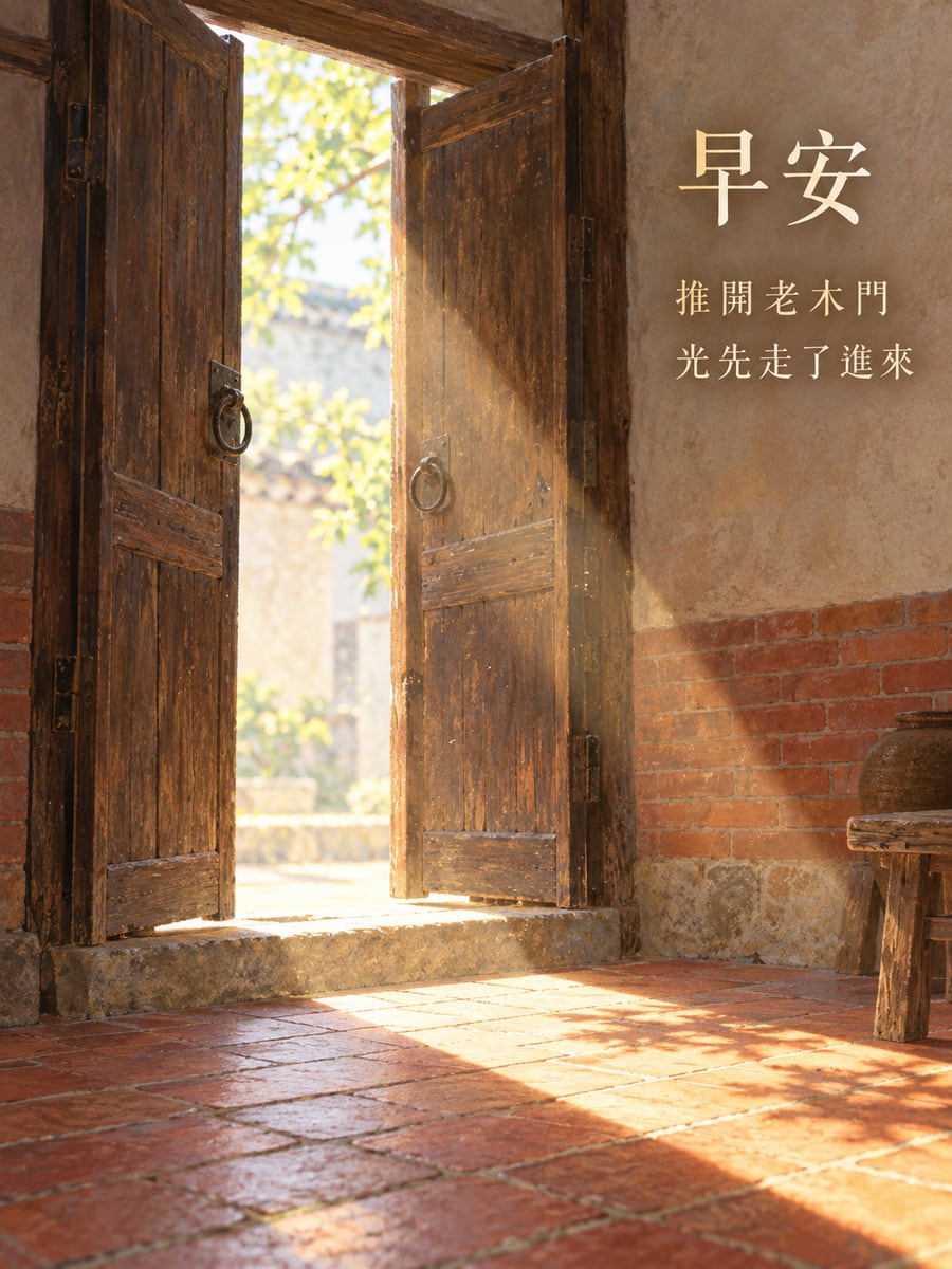 推開老木門。圖中文字：早安，推開老木門，光先走了進來