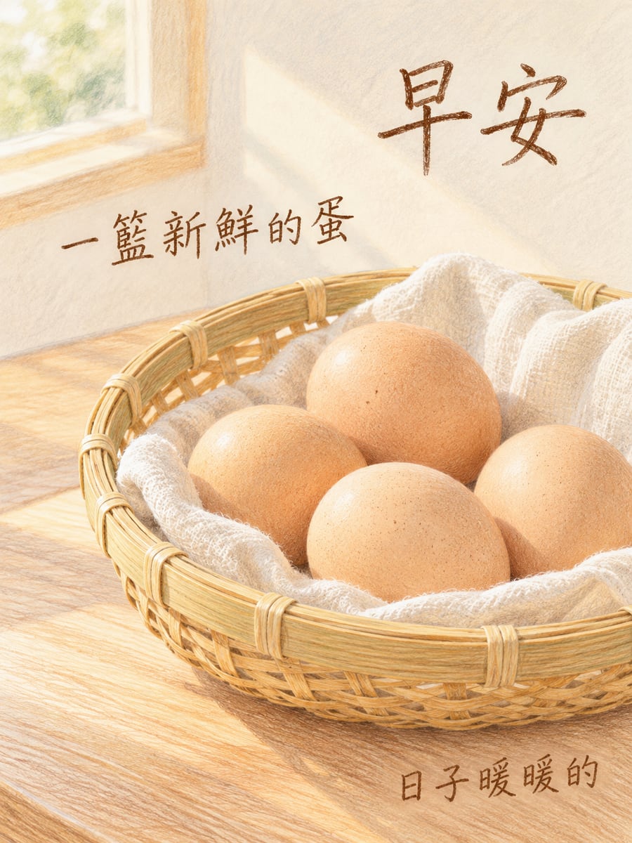 竹籃裡的蛋。圖中文字：早安，一籃新鮮的蛋，日子暖暖的