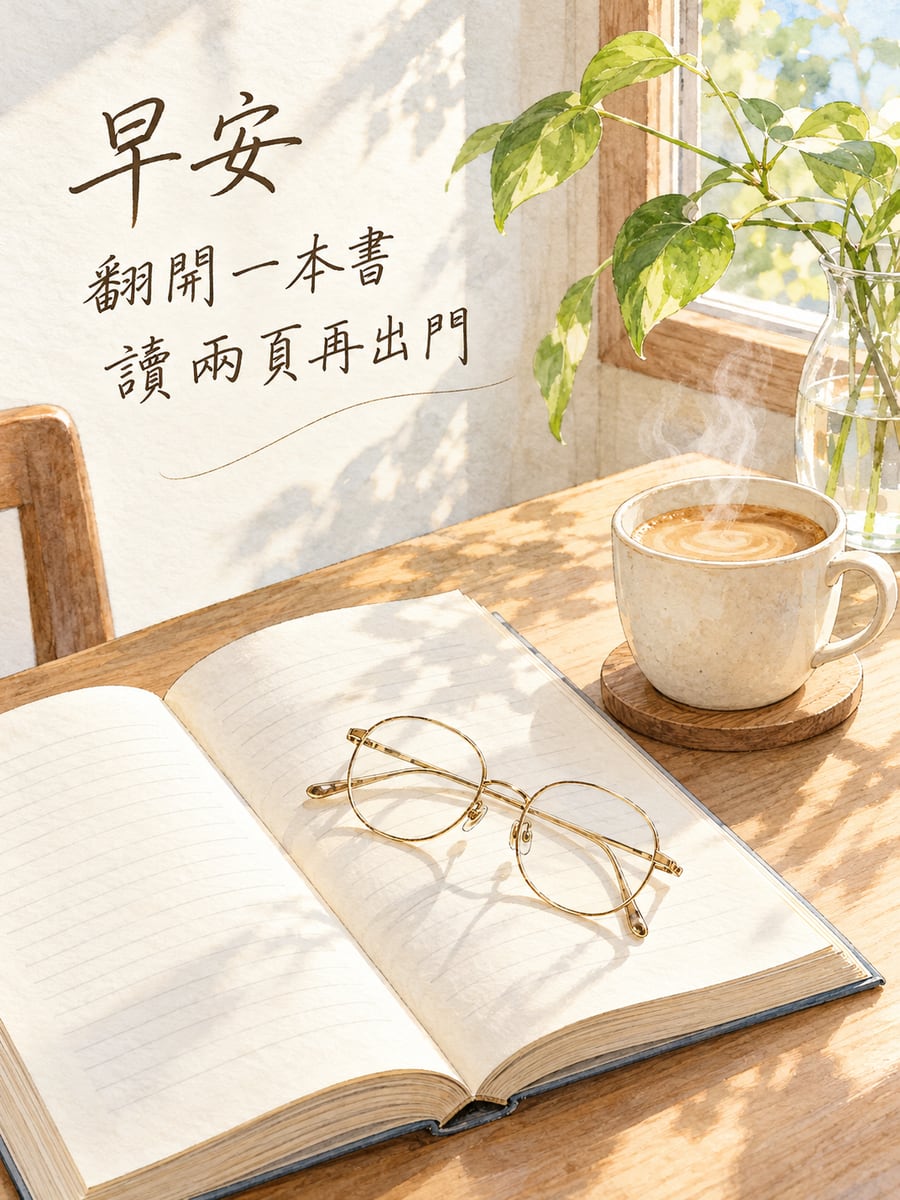 翻開的書。圖中文字：早安，翻開一本書，讀兩頁再出門