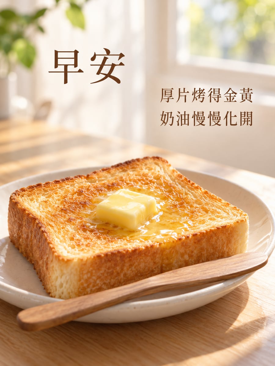 奶油慢慢化開。圖中文字：早安，厚片烤得金黃，奶油慢慢化開
