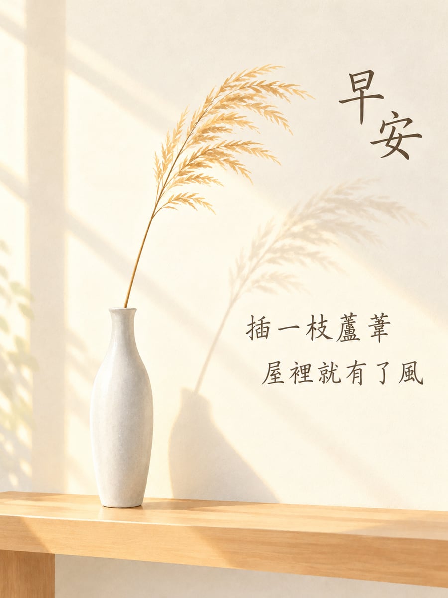 花器裡的一枝蘆葦。圖中文字：早安，插一枝蘆葦，屋裡就有了風