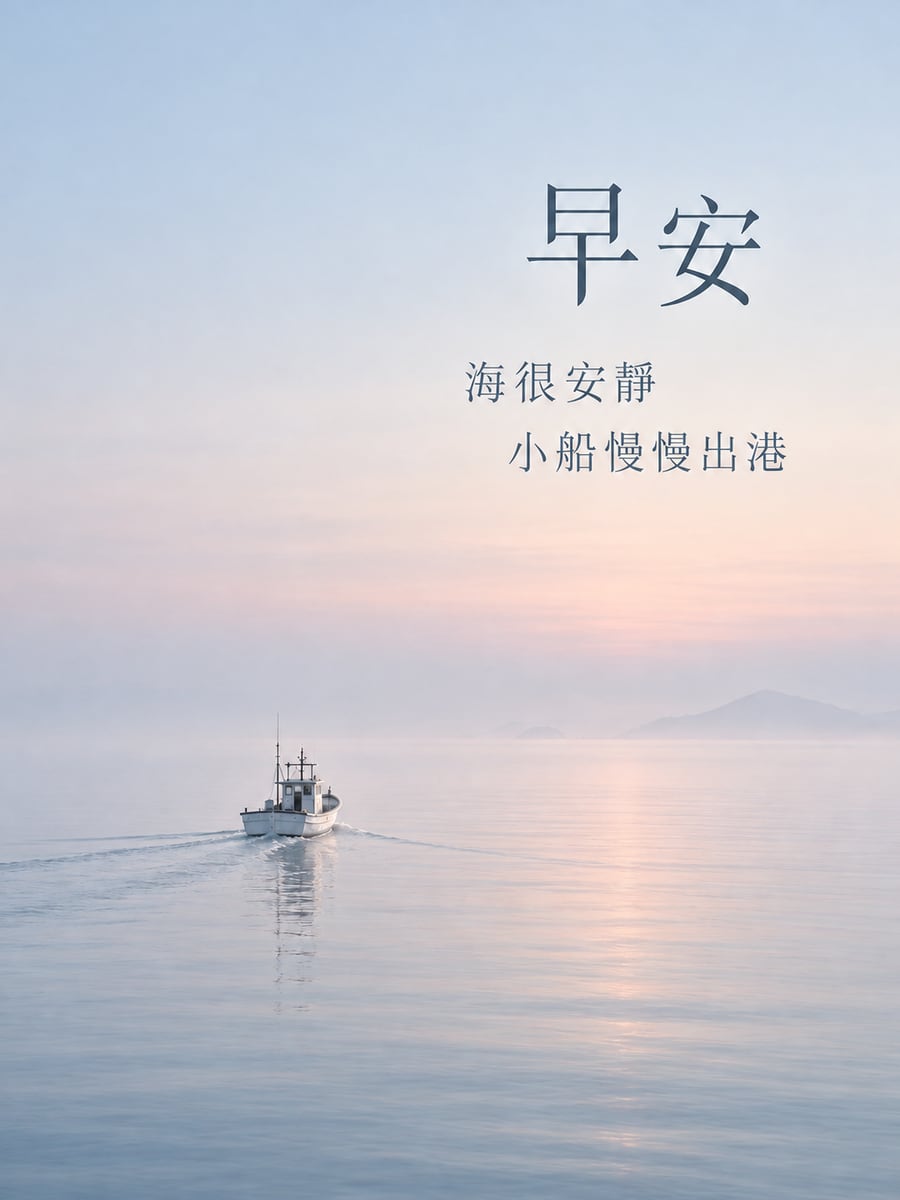 安靜的海。圖中文字：早安，海很安靜，小船慢慢出港