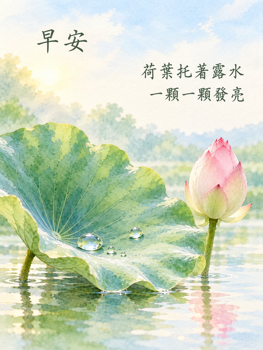 荷葉上的露珠。圖中文字：早安，荷葉托著露水，一顆一顆發亮