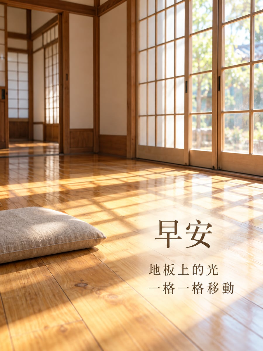 木地板上的光格。圖中文字：早安，地板上的光，一格一格移動