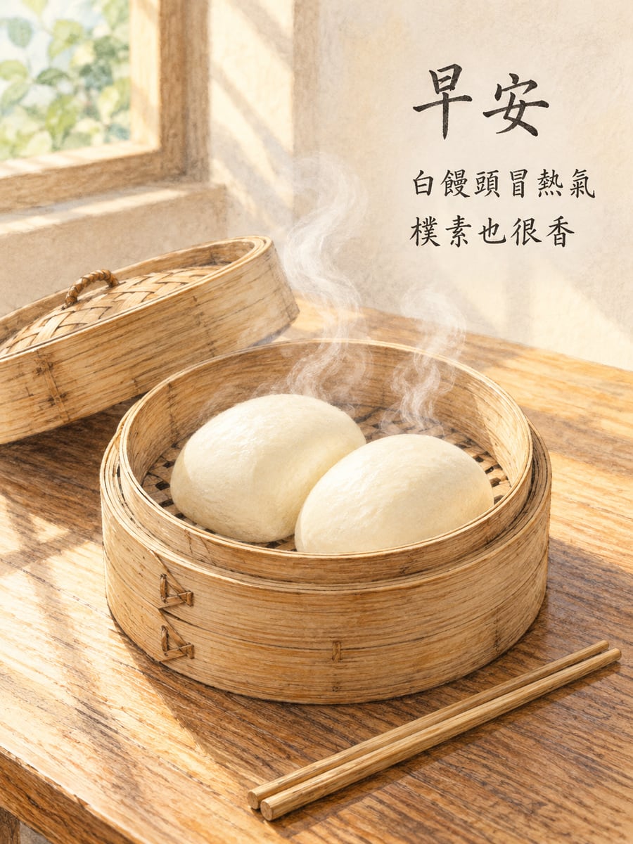 蒸籠裡的白饅頭。圖中文字：早安，白饅頭冒熱氣，樸素也很香