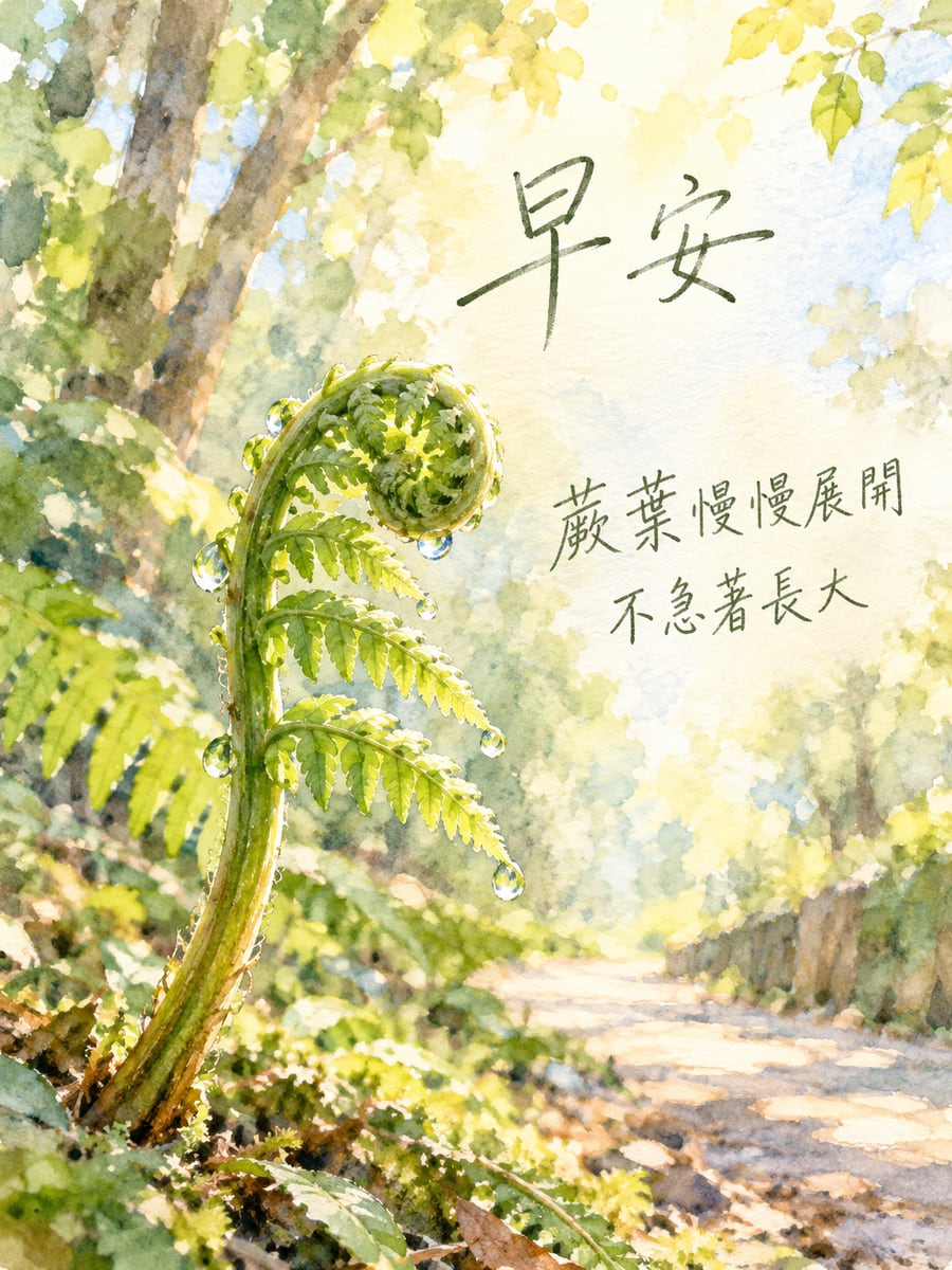 慢慢展開的蕨葉。圖中文字：早安，蕨葉慢慢展開，不急著長大
