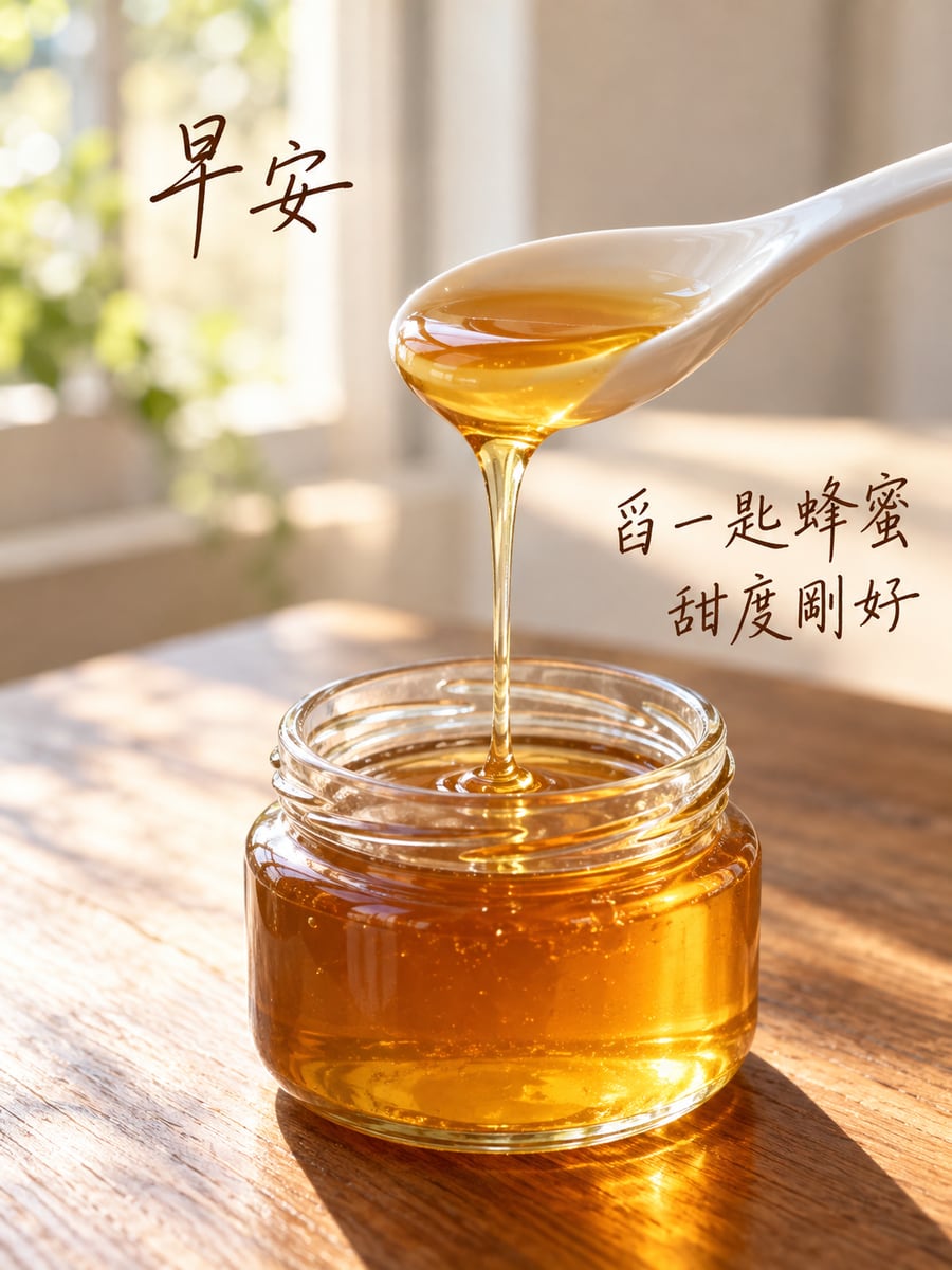 一匙蜂蜜。圖中文字：早安，舀一匙蜂蜜，甜度剛好