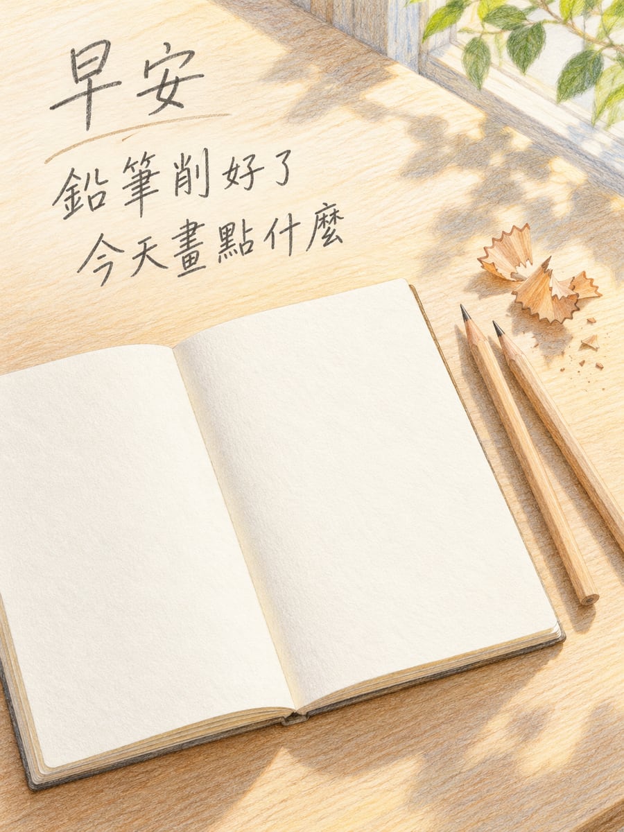 削好的鉛筆。圖中文字：早安，鉛筆削好了，今天畫點什麼