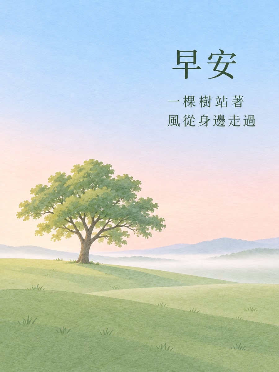 草原上的一棵樹。圖中文字：早安，一棵樹站著，風從身邊走過