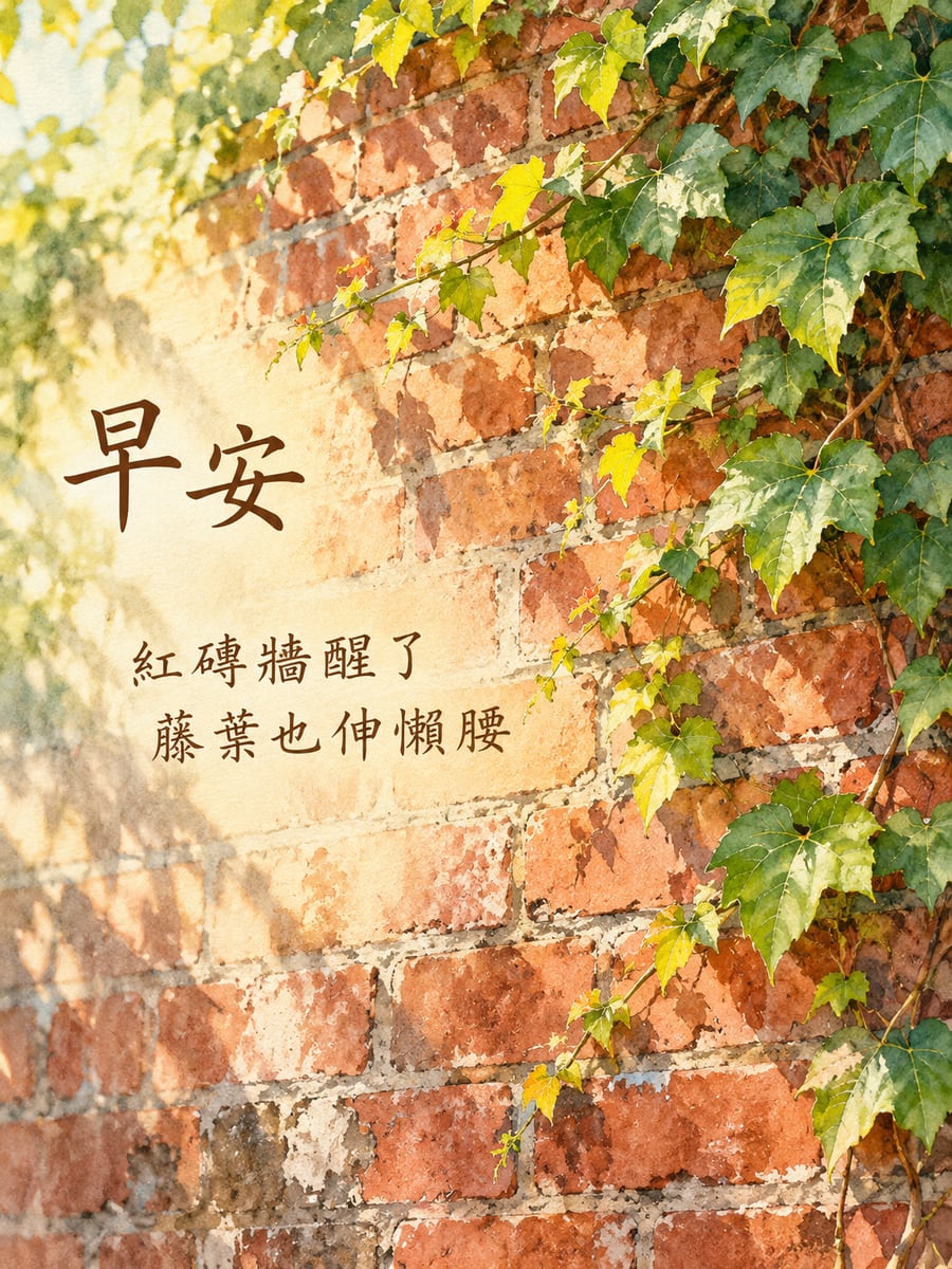 紅磚牆上的爬藤。圖中文字：早安，紅磚牆醒了，藤葉也伸懶腰