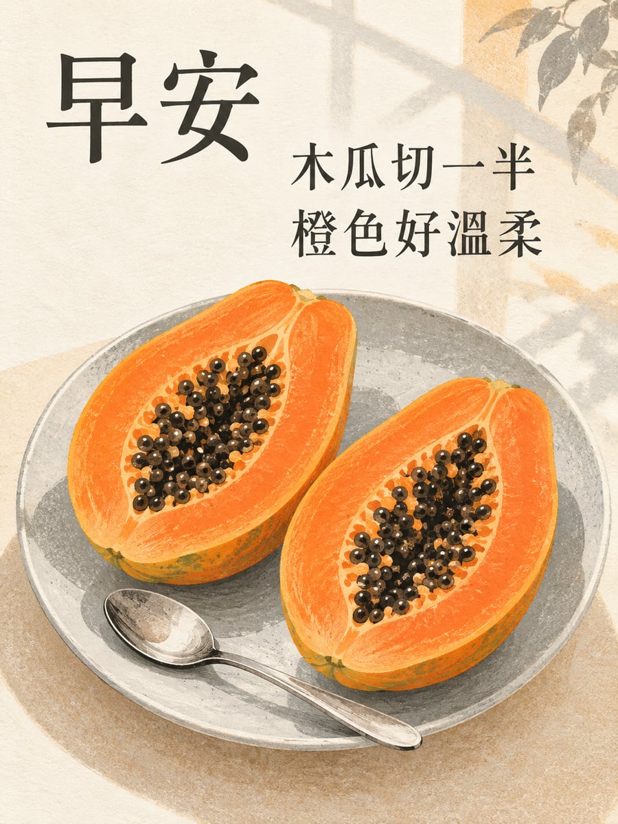 切開的木瓜。圖中文字：早安，木瓜切一半，橙色好溫柔