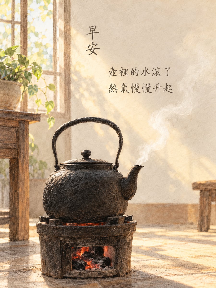 鐵壺的蒸氣。圖中文字：早安，壺裡的水滾了，熱氣慢慢升起