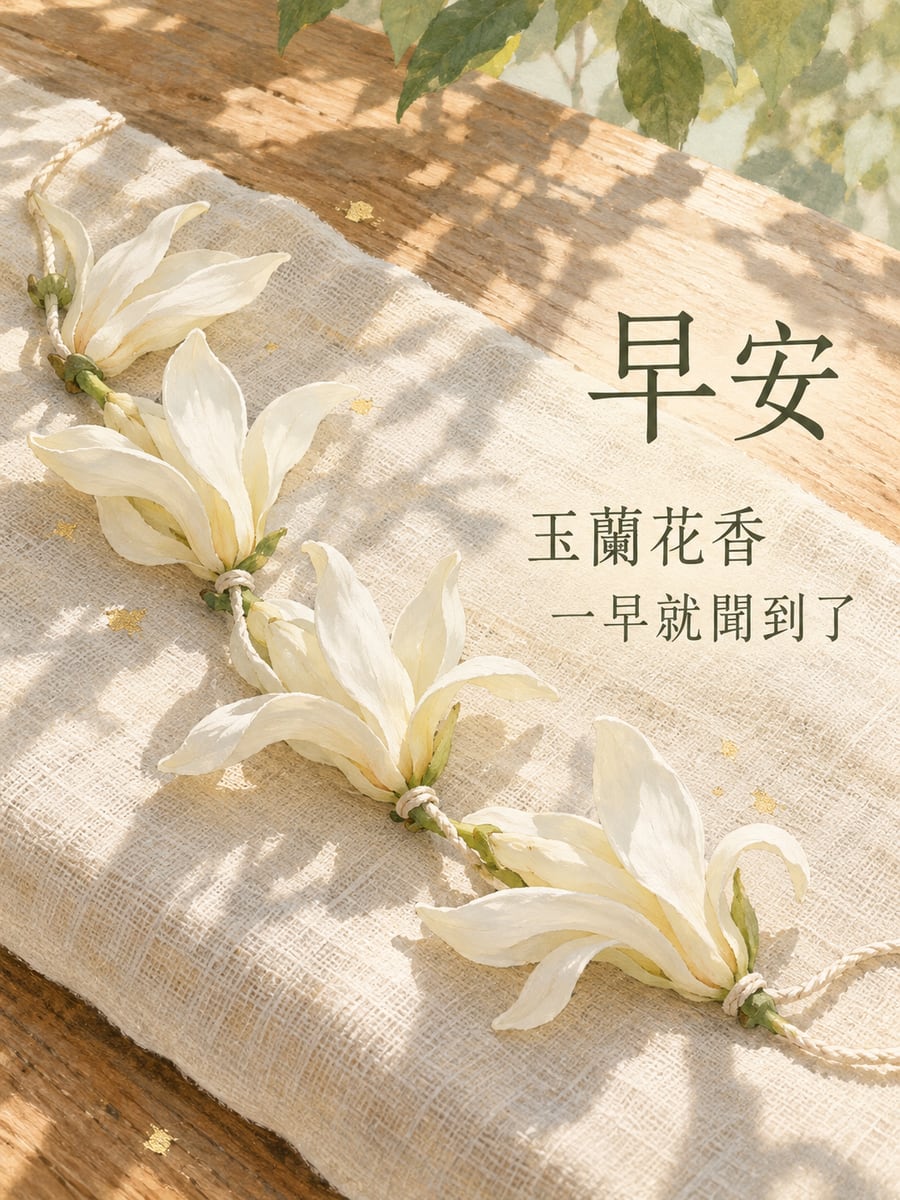 一串玉蘭花。圖中文字：早安，玉蘭花香，一早就聞到了