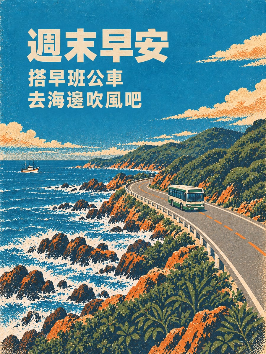 海線公車海報。圖中文字：週末早安，搭早班公車，去海邊吹風吧