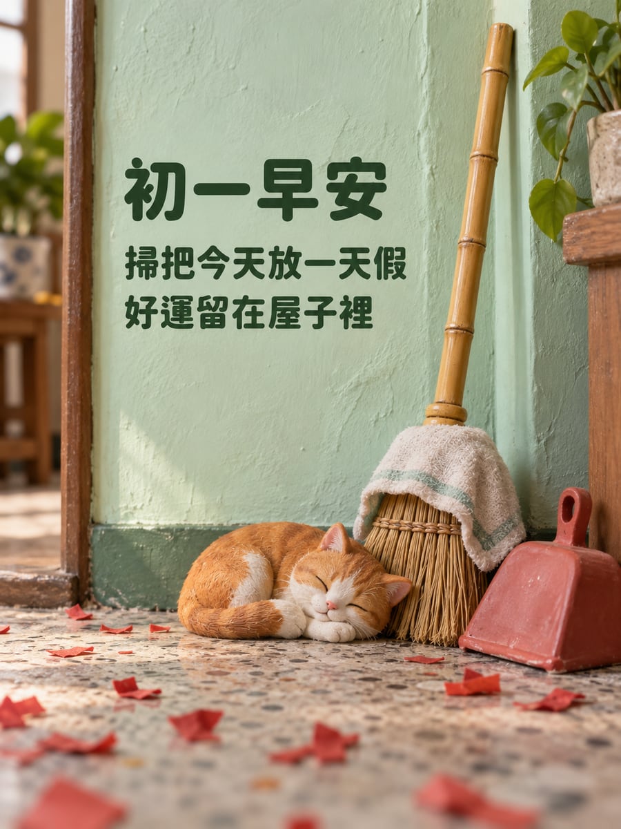 初一掃把放假。圖中文字：初一早安，掃把今天放一天假，好運留在屋子裡