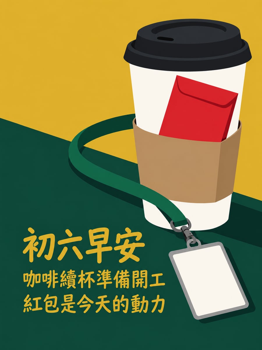 咖啡加紅包。圖中文字：初六早安，咖啡續杯準備開工，紅包是今天的動力