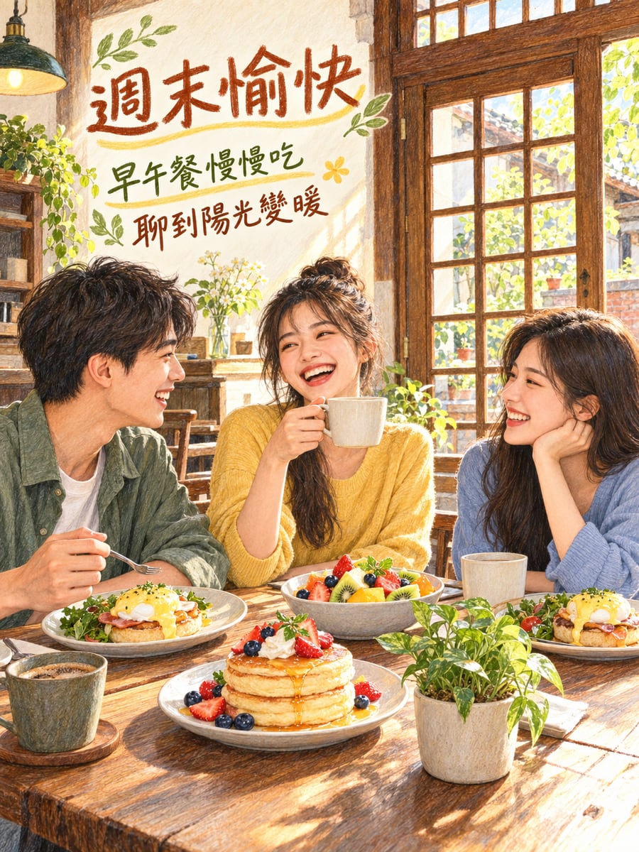 老屋咖啡廳的早午餐。圖中文字：週末愉快，早午餐慢慢吃，聊到陽光變暖