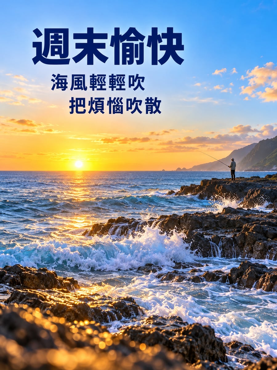 海岸礁岩的日出。圖中文字：週末愉快，海風輕輕吹，把煩惱吹散