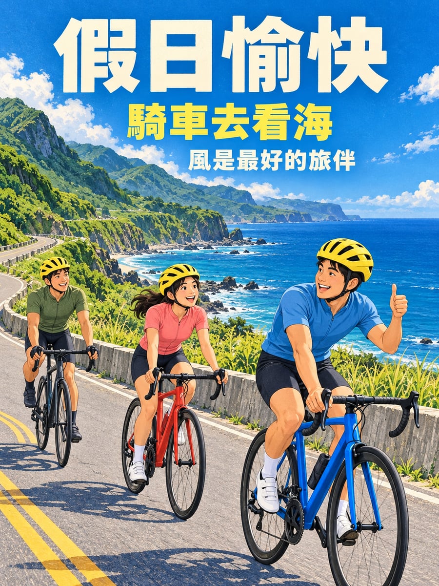 濱海公路騎單車。圖中文字：假日愉快，騎車去看海，風是最好的旅伴