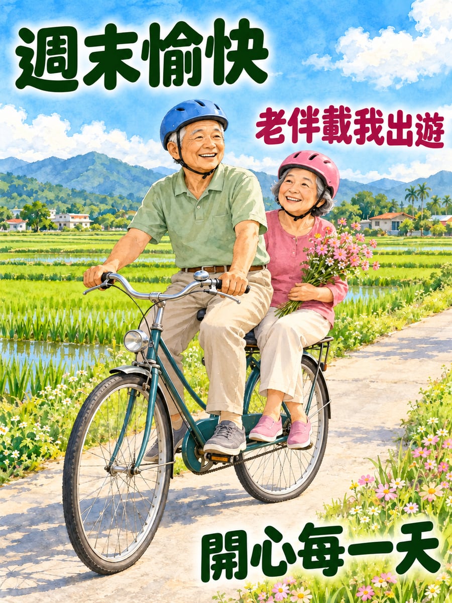 阿公騎車載阿嬤。圖中文字：週末愉快，老伴載我出遊，開心每一天